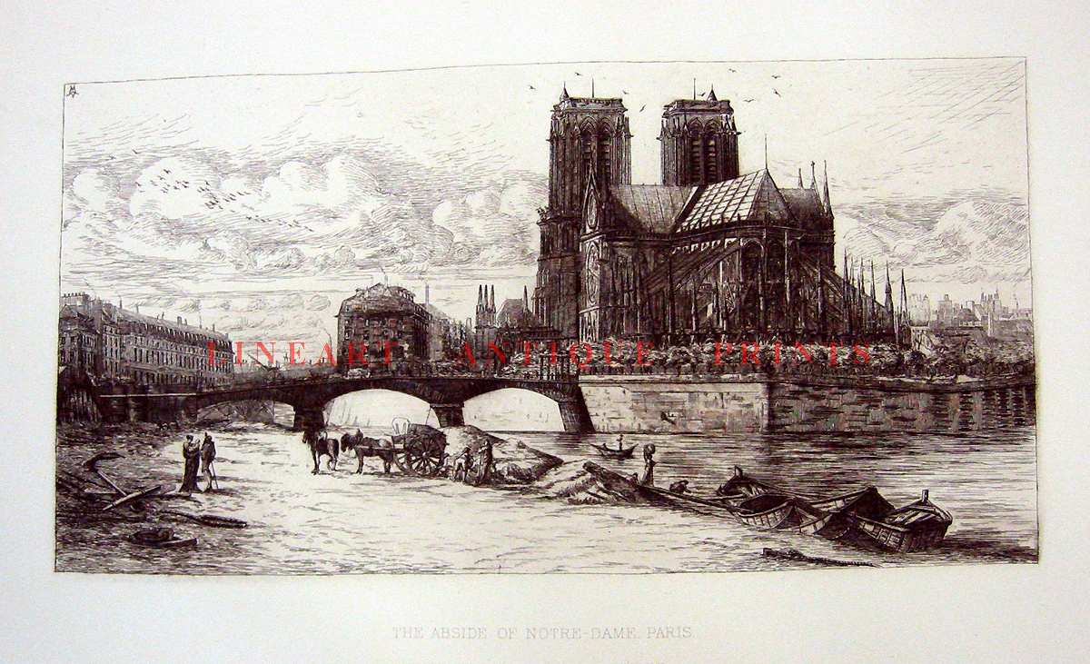 Paris, NOTRE DAME CATHEDRAL SEINE River ~ 1881 Original Art Print ...