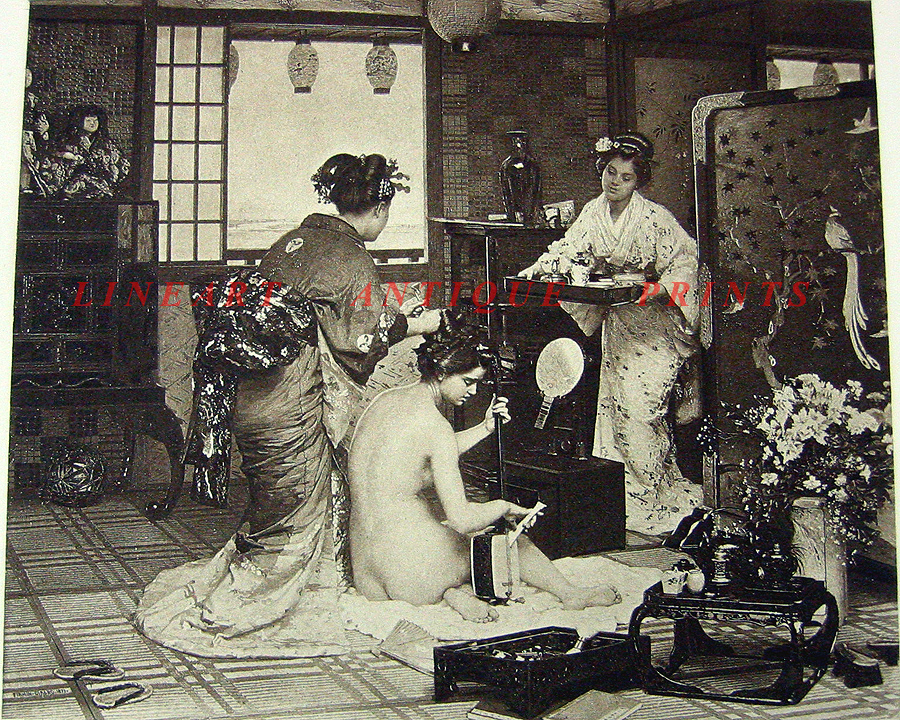 Japan Vintage Naked - Details about NAKED NUDE JAPANESE GEISHA GIRL WOMEN BATHE KOMONO ~ Old 1886  Art Print RARE!
