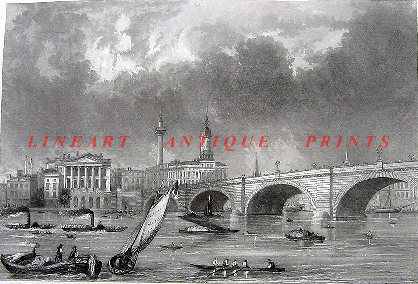 London Bridge Thames River Great Fire Monument Boats 1851 Art Print Engraving Ebay